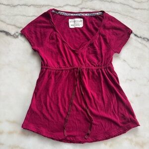 Aeropostale Magenta Babydoll Top Y2K VNeck Empire Waist Drawstring TShirt Size S